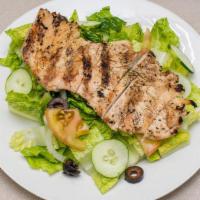 Grilled Chicken Salad · Romaine lettuce, tomatoes, onions, cucumber, black olives and hot peppers with grilled chick...