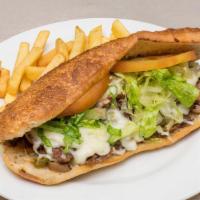 The Works Beef Steak Sub · Beef steak, green peppers, onions, mushrooms, mozzarella cheese, mayo, lettuce and tomatoes ...