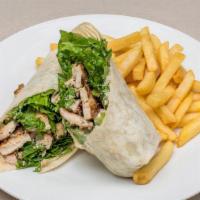 Chicken Caesar Wrap · Grilled chicken, lettuce, parmesan cheese and Caesar dressing. Served with fries.