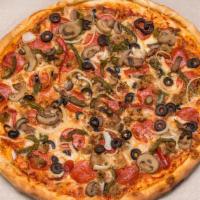 Deluxe Pizza · Sausage, mushrooms, pepperoni, peppers, onions and olives.