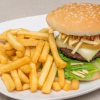 La Mia Burger · Beef, American cheese, lettuce, tomato, onions, fries sticks and house sauce. Serve with fri...