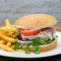La Mia Burger Special · Beef, American cheese, egg, ham, cheese, lettuce, tomato, onions, fries sticks and house sau...