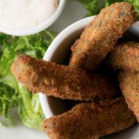 Fried Pickles Of Love™ · Crispy, crunchy dill pickle spears (not slices), battered, breaded and deep-fried to perfect...