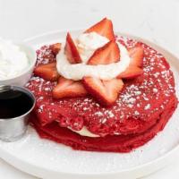 Red Velvet Pancake · 2 large red velvet pancakes, cream cheese glazed, strawberries, whipped cream, maple syrup o...