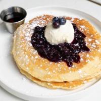 Blueberry Pancake · 2 large blueberry pancakes, blueberry compte with lemon zests, fresh mascarpone, maple syrup...