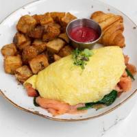 Smoked Salmon · 3 eggs omelette, smoked salmon, tomato, pickled onion, spinach and Truffle oil.. Served with...