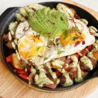 Frank'S Famous Hash · Filet mignon diced, breakfast potatoes, pickled onions, red peppers, avocado and 2 eggs sunn...