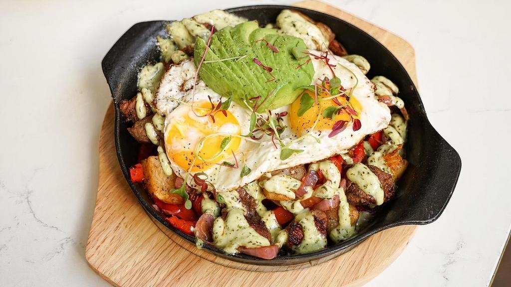 Frank'S Famous Hash · Filet mignon diced, breakfast potatoes, pickled onions, red peppers, avocado and 2 eggs sunny side up. Served with cilantro aioli.