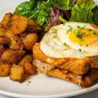 Croque Madame · French classic toasted sandwich, béchamel, cheese, country ham and topped with a sunny side ...