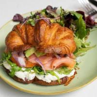 Smoked Salmon Croissant Sandwich · toasted large French croissant, smoked salmon, chives cream cheese, arugula, tomato, avocado...
