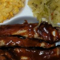 Rib Dinner With 2 Regular Sides · 3 Smoked Rib Bone With Your Choice Of 2 Sides And 2 Slices Of Bread & Soda or Water