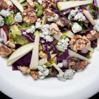 Ethos Salad. · Served with green apples, red cabbage, radish, walnuts, house greens*, gorgonzola cheese & b...