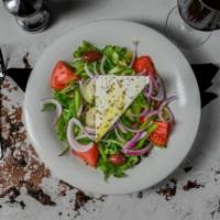 Greek Salad. · Comes with Vine Ripe Tomatoes, Cucumbers, Onions, Peppers, Barrel aged Feta, Kalamata olives...