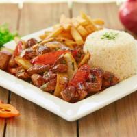 Beef Or Chicken Sautéed · Served with rice and french fries.