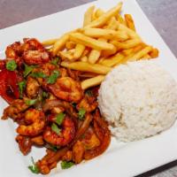Chicken Sautéed With Shrimp · Served with rice and french fries.