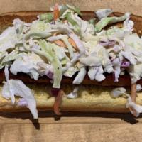 Slaw Dog · Topped with homemade cole slaw.