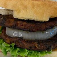 Double Decker Black Bean Burger · 2 black bean patties, vegan mayo, lettuce, tomato, pickle, grilled onions