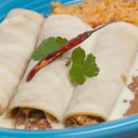 Enchiladas De Cerdo · Three pork enchiladas (seasoned with pico de gallo and salsa ranchera), smothered with chees...