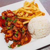 Chicken Sautéed With Shrimp · Served with rice and french fries.