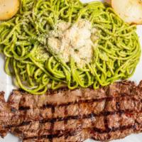 Tallarin Verde With Churrasco · Pesto Spaghetti with Churrasco