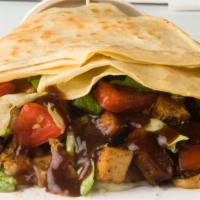 Bbq Crepe · Marinated chicken breast, steak, or shrimp,  melted mozzarella cheese, chopped tomatoes, cri...
