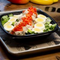 Tuna Salad · Crispy romaine lettuce, tuna, egg, mayonnaise, red onions, red peppers, celery, and your cho...