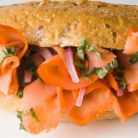 Smoked Salmon · Smoked salmon with cream cheese, tomatoes, red onions and basil.