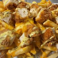 Spicy Chicken Loaded Fries  · Loaded fries with cheese sauce, spicy fried chicken and honey mustard