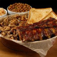 Rib & Pork Plate · Half Rack of Baby Back Ribs & Half Pound of BBQ Pork. Served with Two Medium Sides and Texas...