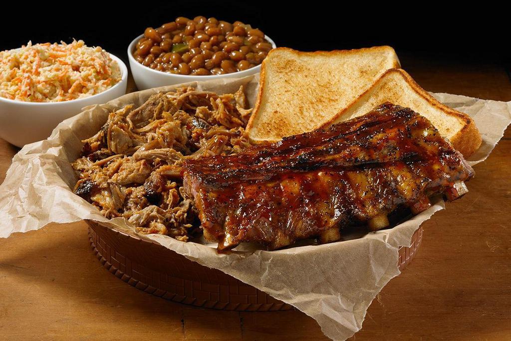 Rib & Pork Plate · Half Rack of Baby Back Ribs & Half Pound of BBQ Pork. Served with Two Medium Sides and Texas Toast