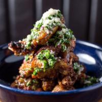 Oven Roasted Chicken Wings · 700° baked, chimichurri, reggiano.