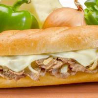 Chicken Philly · Grilled chicken, Provolone cheese, grilled onions, green peppers, and mushrooms in hoagie br...