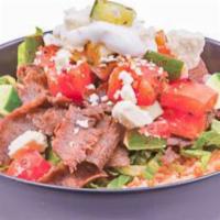 Greek  Salad /  Greek Bowl · Thinly sliced roasted Gyro meat, Choice of Seasoned Rice Or lettuce Or Both,  feta cheese, t...