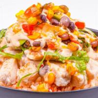 Baja Salad /Baja Bowl · Choice of Grilled or Crispy  Chicken,  Romaine and iceberg lettuce, tomatoes, feta cheese cr...