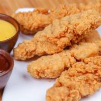 Crispy Chicken Strips · Four chicken strips, curly fries  served with choice of dipping sauce, Honey-Mustd. or BBQ.
