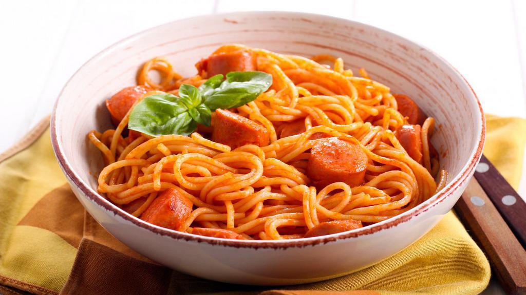 Spaghetti With Sausage · Fresh pasta with sausage, served with side salad and bread.