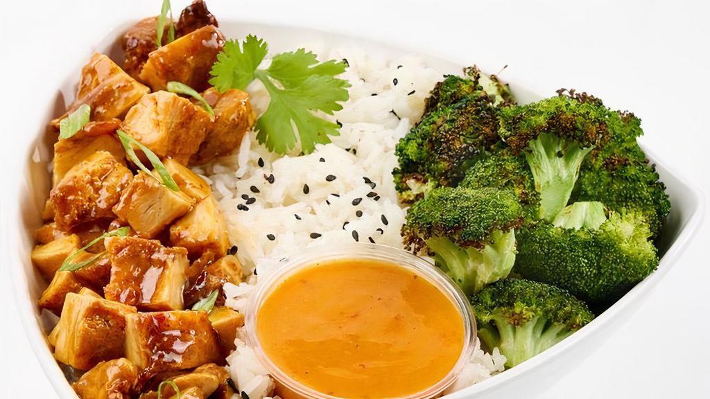 Teriyaki Chicken & Rice · Available in Regular or Large Bol. Jasmine Rice. Ginger Broccoli . Teriyaki Chicken . Fresh Chopped Cilantro