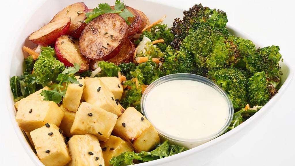 Vegan Miso Tofu · Available in Regular or Large Bol. Kale Yeah!. Herb Roasted Potatoes. Ginger Broccoli. Miso Glazed Tofu. Fresh Chopped Cilantro