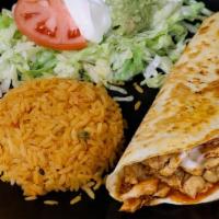 Quesadilla · Choice of steak, chicken or veggie quesadilla, served with rice, refried beans and guacamole.