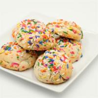 Birthday Cake Cookies · Funfetti Cake Cookies topped with Rainbow Sprinkles.  Brings Six Cookies.