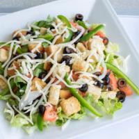 Garden Fresh Salad · Romaine lettuce, green peppers, red onions, tomatoes, cucumbers, black olives. Ranch or Ital...