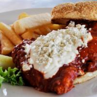 Buffalo Bleu Chicken Sandwich · Deep fried chicken breast smothered in our famous hot sauce and topped with bleu cheese sauc...