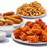 30 Boneless Mozz Sticks & Curly Fries · 30pc Boneless Wings tossed in your choice of sauce or dry rub, mozzarella sticks & curly fri...