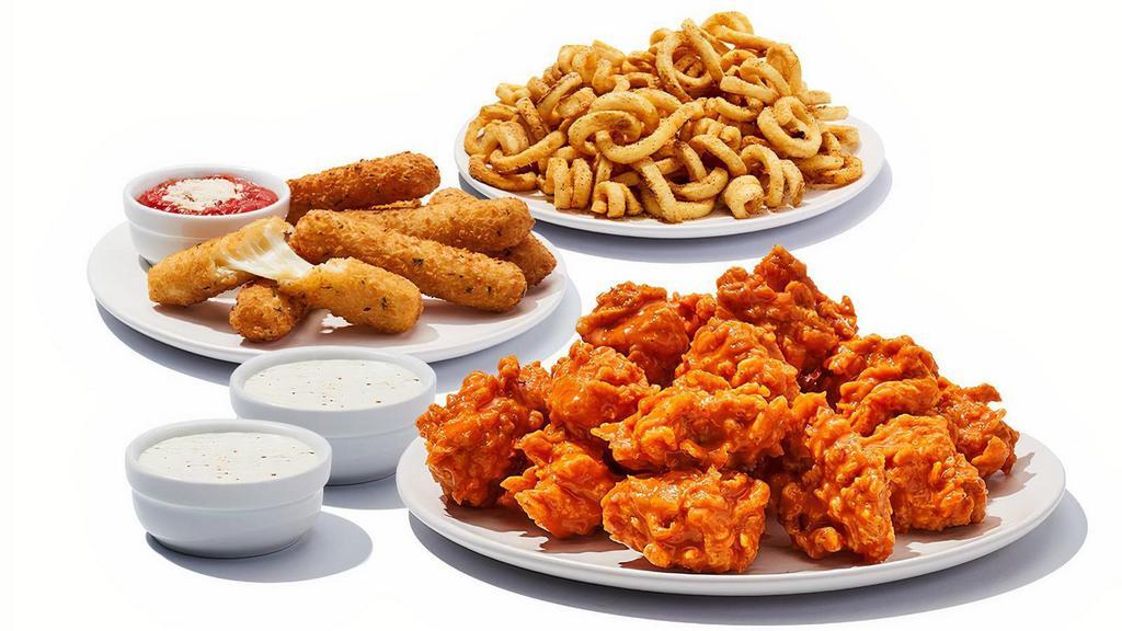 30 Boneless Mozz Sticks & Curly Fries · 30pc Boneless Wings tossed in your choice of sauce or dry rub, mozzarella sticks & curly fries.