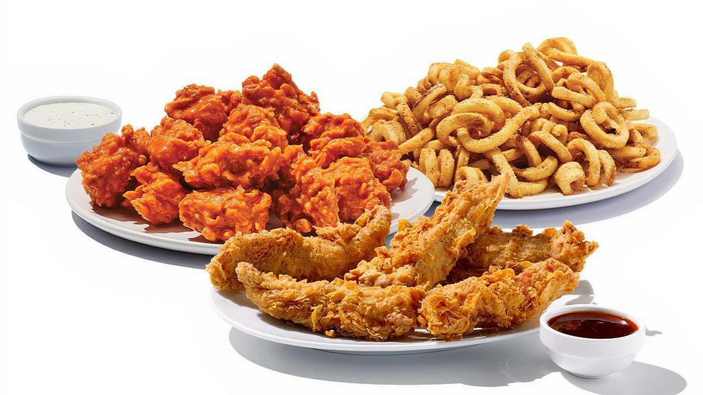 22 Boneless 5 Tenders & Curly Fries · 22pc Boneless Wings tossed in your choice of sauce or dry rub,  5pc Tenders with choice of sauce on the side and curly fries.