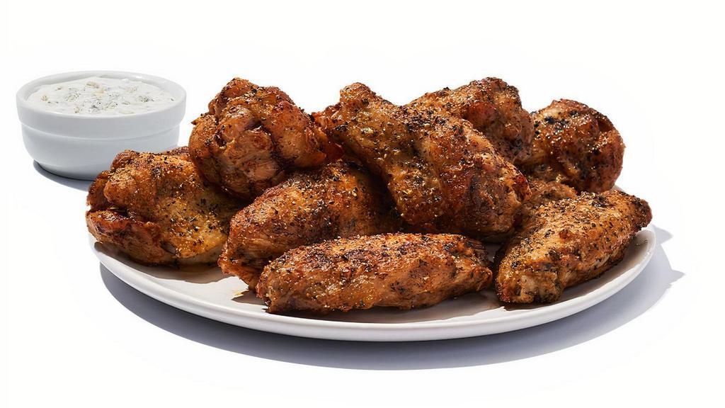 Roasted Wings · Marinated overnight and oven roasted to seal in the flavor with only half the calories! 710-1110 cal | ranch or bleu cheese add 200 cal (Calories listed are for a 10 pc)