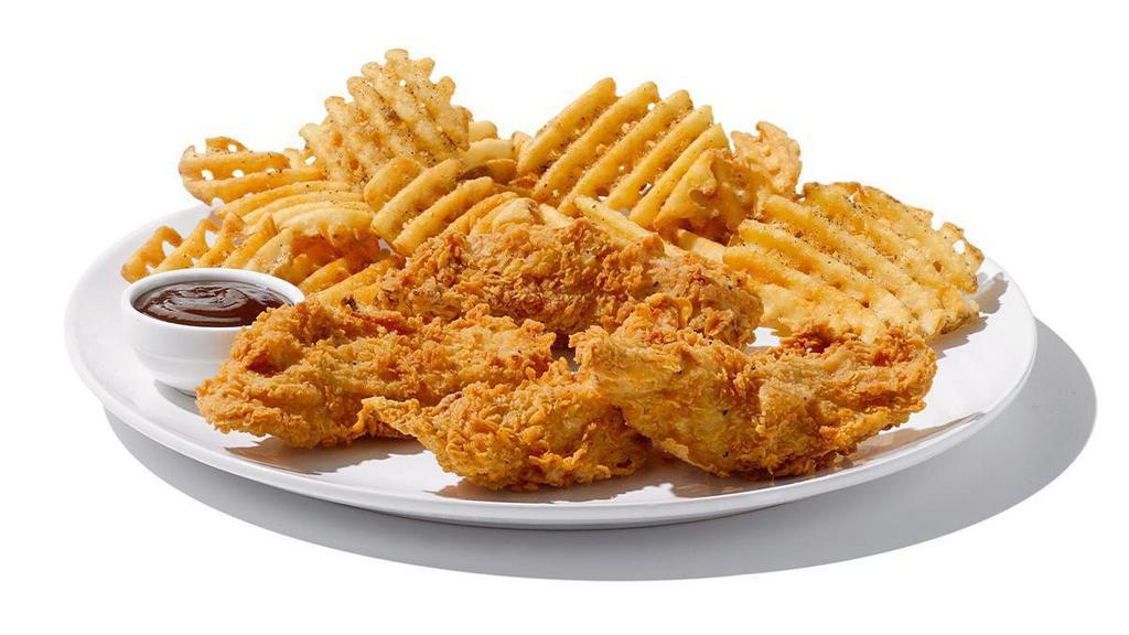 4Pc Tenders & Waffle Fries · Crispy, hand-breaded tenders perfect for dipping in your favorite sauce or dressing.  700 cal