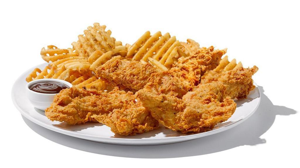 6Pc Tenders & Waffle Fries · Crispy, hand-breaded tenders perfect for dipping in your favorite sauce or dressing. 980 cal