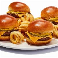 Burger Sliders · Grilled mini burgers topped with American cheese, mustard, pickle, and fries. 1300 cal