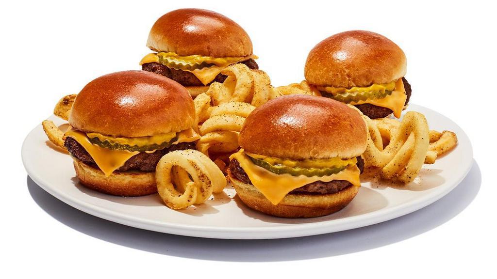 Burger Sliders · Grilled mini burgers topped with American cheese, mustard, pickle, and fries. 1300 cal